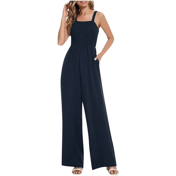 Tqcoqu Jumpsuit for Women Casual Sleeveless Loose Smocked High Waisted Wide Leg Long Pant Overalls One Piece Summer Outfits,Dark Blue,Women's S-XXL