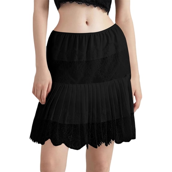 Tqcoqu Lace Skirt for Women Low Waisted Y2k Pleated Mini Dress Extender Ruffle Layering Short Half Slip Skirts for Going Out,Black,Women's S-XXL