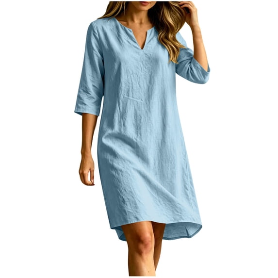 Tqcoqu Linen Dresses for Women,V Neck 3/4 Sleeve Tunic Boho Knee Length Dress, Casual Summer Shift Modest Beach Vacation Dresses,Light Blue Women's S-XXL