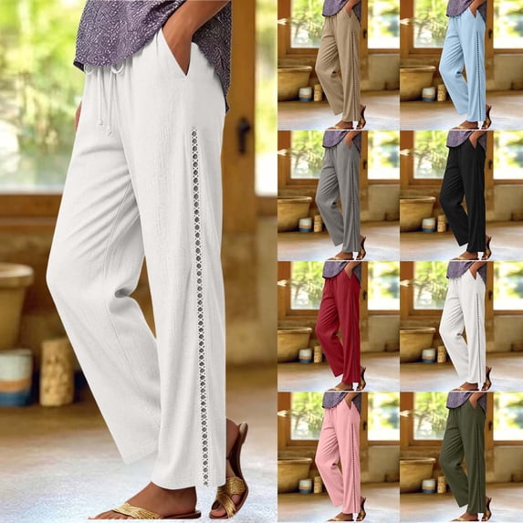 Tqcoqu Linen Pants for Women Casual Summer Drawstring Elastic Waist Trousers Pockets Petite Fashion Straight Pants Lounge,Army Green Women's S-XXL
