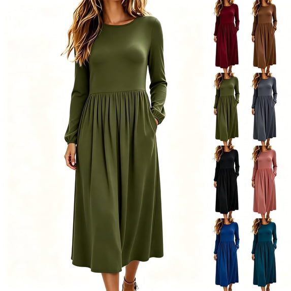 Tqcoqu Long Sleeve Dresses for Women,2026 Fall Winter Casual Flowy A-Line Boho Midi Party Long Dress with Pockets,Army Green Women's S-XXL