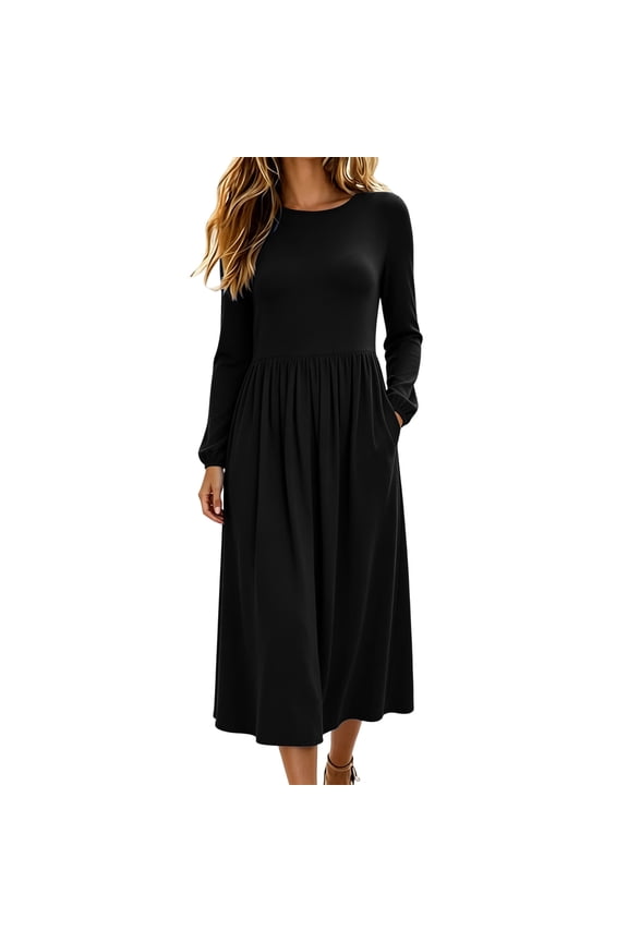 Long Sleeve Dresses for Women,2026 Fall Winter Casual Flowy A-Line Boho Midi Party Long Dress with Pockets,Black Women's S-XXL