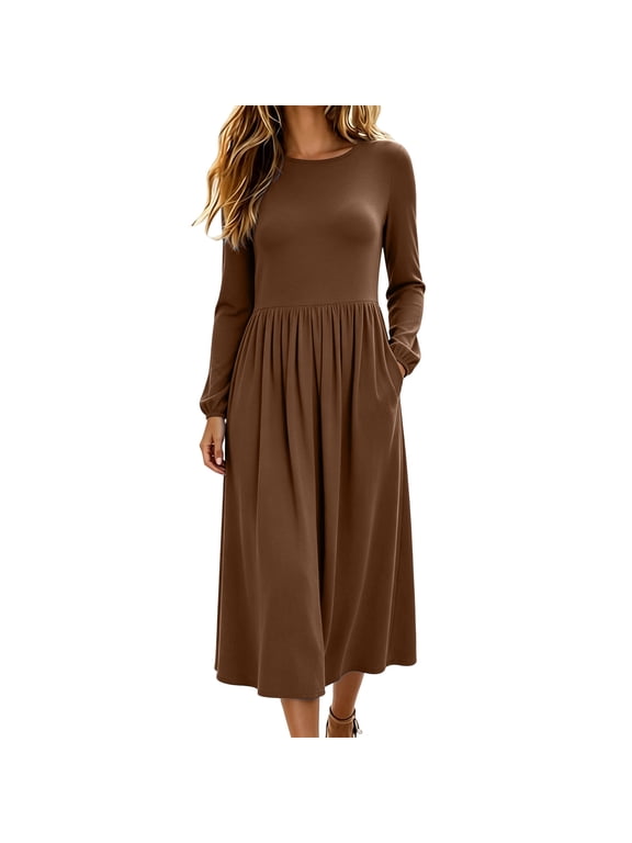 Long Sleeve Dresses for Women,2026 Fall Winter Casual Flowy A-Line Boho Midi Party Long Dress with Pockets,Brown Women's S-XXL