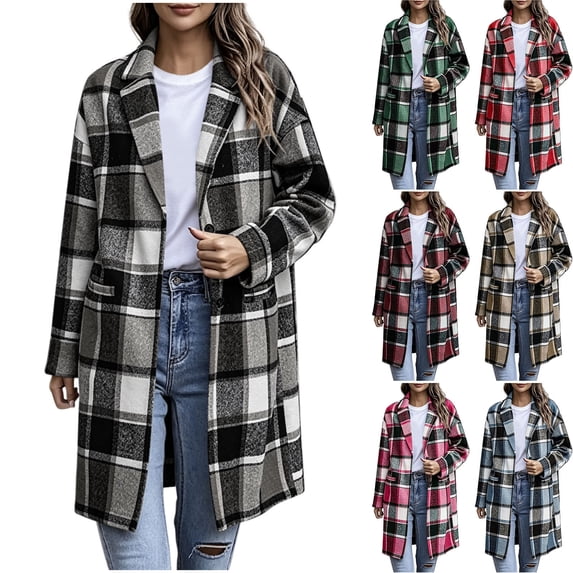 Tqcoqu Long Wool Blend Jacket for Women, Hooded Plaid Coat Oversized Button Down Shacket 2026 Fall Winter Casual Warm Trench Coats