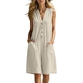 thumbnail image 1 of Tqcoqu Overall Shorts for Women,Sleeveless V-Neck Button Down Romper,Casual Loose Fit Summer Short Jumpsuit with Pockets,Beige Women's S-XXL, 1 of 9