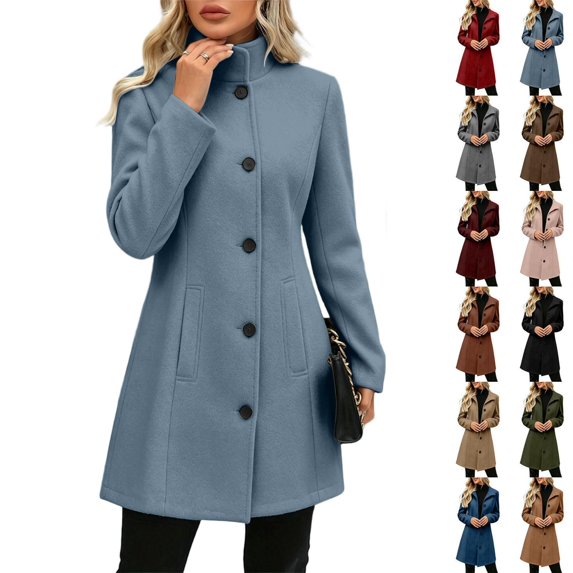 Tqcoqu Pea Coats For Women Wool Blend Stand Collar Single Breasted Trench Coat Fashion A-Line Fall Winter Jackets