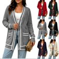 thumbnail image 1 of Tqcoqu Plus Size Button Front Cardigan for Women, Contrast Trim Loose Fit Long Sleeve Knit V Neck Sweater Coat with Pockets, 1 of 6