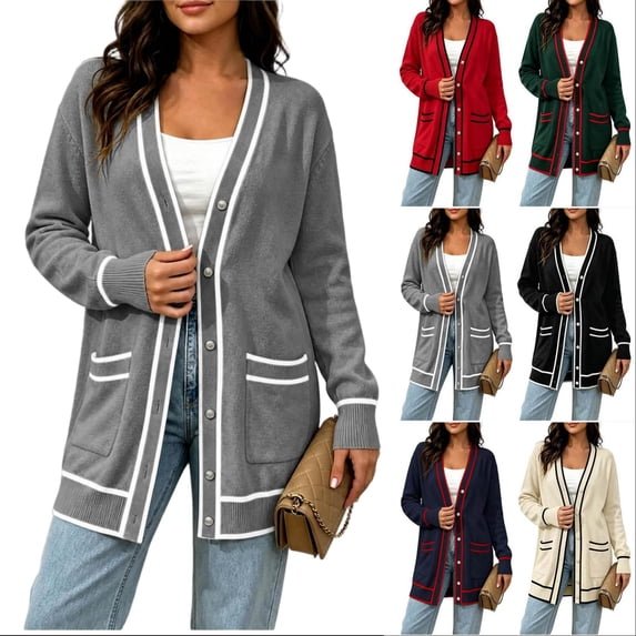 Tqcoqu Plus Size Button Front Cardigan for Women, Contrast Trim Loose Fit Long Sleeve Knit V Neck Sweater Coat with Pockets