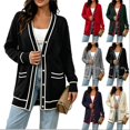 thumbnail image 1 of Tqcoqu Plus Size Button Front Cardigan for Women, Contrast Trim Loose Fit Long Sleeve Knit V Neck Sweater Coat with Pockets, 1 of 6