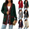 thumbnail image 1 of Tqcoqu Plus Size Button Front Cardigan for Women, Contrast Trim Loose Fit Long Sleeve Knit V Neck Sweater Coat with Pockets, 1 of 6