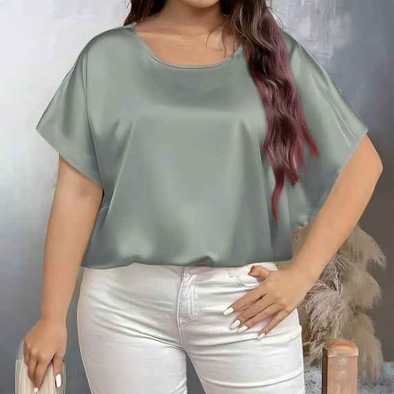 Tqcoqu Plus Size Satin Blouses for Women Summer Loose Crew Neck Short Sleeve Dressy Business Casual Tunic Tops,Gray,Women's XL-XXXXL