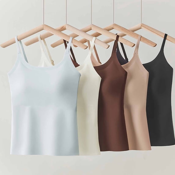 Tqcoqu Plus Size Tank Tops with Built in Bras for Women Spaghetti Strap Camisole Casual Padded Sleeveless Ribbed Shirts,Khaki,Women's M-XXXXL