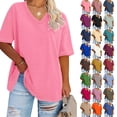 thumbnail image 1 of Tqcoqu Plus Size V Neck T Shirts for Women Short Sleeve Solid Summer Half Sleeve Tees Casual Loose Fit Tops,Pink,Women's S-XXXXXL, 1 of 3