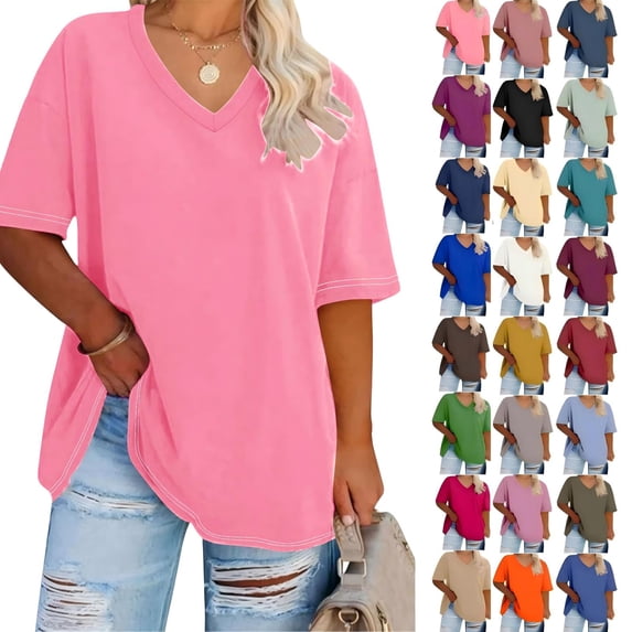 Tqcoqu Plus Size V Neck T Shirts for Women Short Sleeve Solid Summer Half Sleeve Tees Casual Loose Fit Tops,Pink,Women's S-XXXXXL