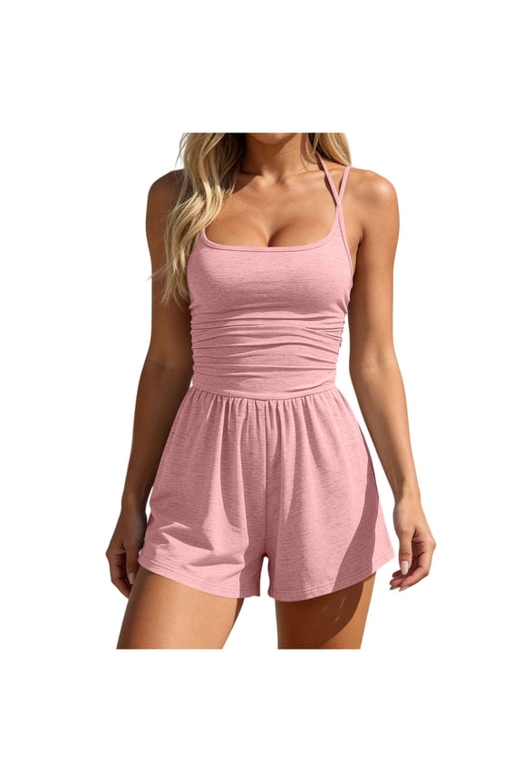 Rompers for Women Summer Sleeveless Athletic Rompers Spaghetti Strap Double Lined Shorts Jumpsuit One Piece Outfits,Pink,Women's XS-XL
