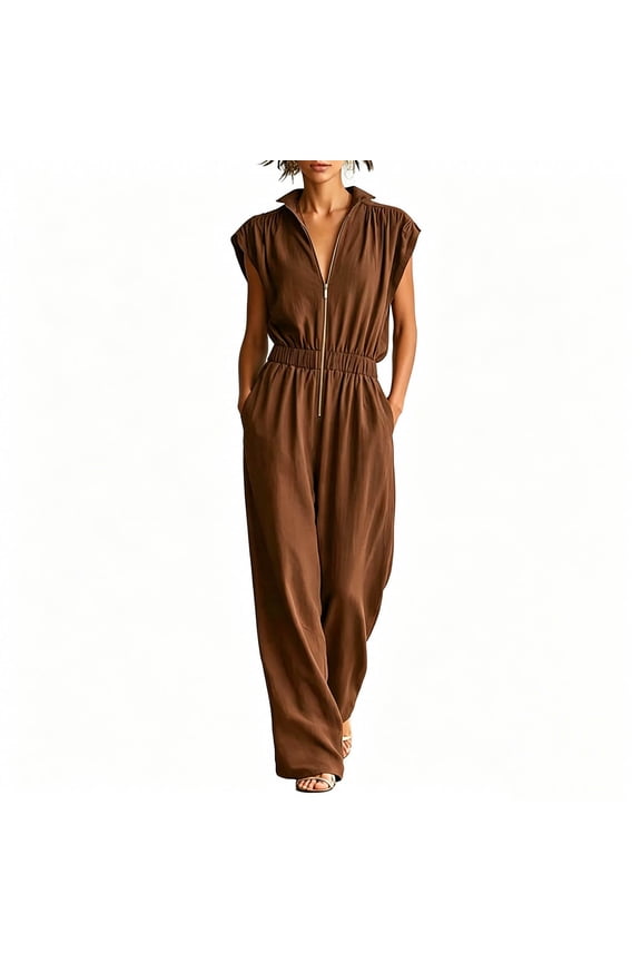 Rompers for Womens,Summer Short Sleeve Half Zip Lapel Collar Tunic One Piece Jumpsuit with Pockets,Coffee Women's S-XXXL
