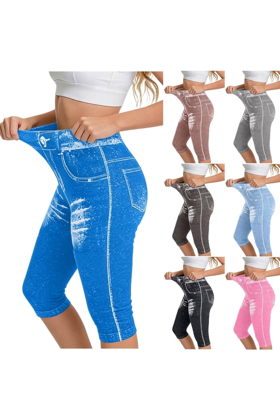 Skinny Capris for Women,Lightweight Denim-Look Jeggings,Stretchy Yoga Active Cropped Faux Jeans Streetwear Pants,Black Women's S-XXL