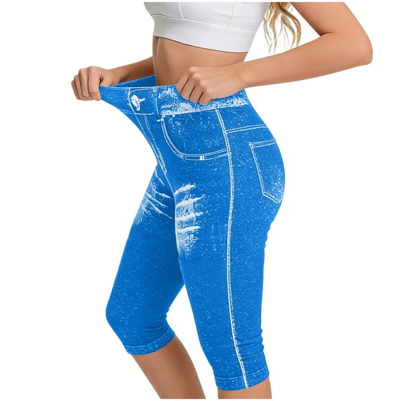 Tqcoqu Skinny Capris for Women,Lightweight Denim-Look Jeggings,Stretchy Yoga Active Cropped Faux Jeans Streetwear Pants,Blue Women's S-XXL