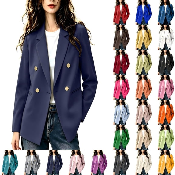 Tqcoqu Solid Double Breasted Blazer Jacket for Women,Notched Lapel Long Sleeve Open Front Casual Business Work Office Suit Coat,Navy Women's S-XXXL
