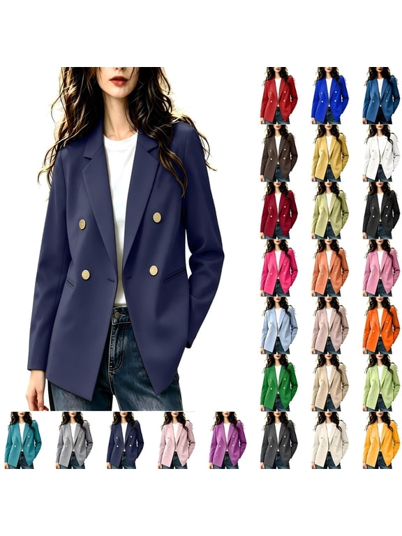 Solid Double Breasted Blazer Jacket for Women,Notched Lapel Long Sleeve Open Front Casual Business Work Office Suit Coat,Navy Women's S-XXXL