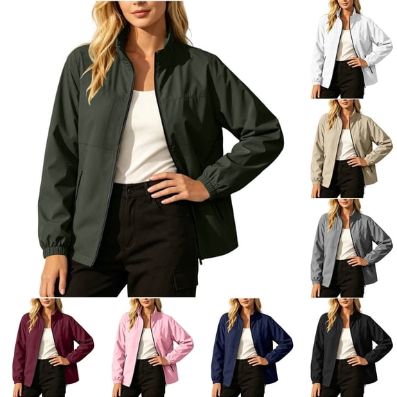 Tqcoqu Stand Collar Waterproof Windbreaker Jacket for Women,Full Zip Long Sleeve Zip Pockets Lightweight Outdoor Casual Coat,Army Green Women's S-XXL