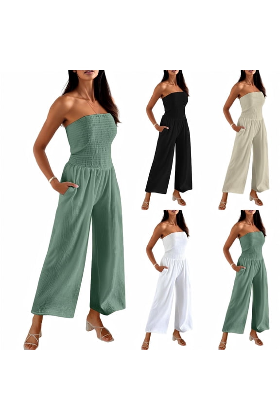 Strapless Jumpsuits for Women Smocked Solid Sleeveless One Piece Wide Leg Pants with Pockets,Beige,Women's S-XXL