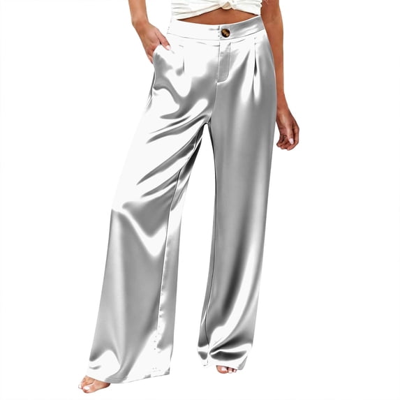 Tqcoqu Stretchy Pants for Women,Silk Satin High Rise Button Pants,Summer Wide Leg Vacation Trousers Soft Pajamas with Pocket,Gray Women's S-XXL