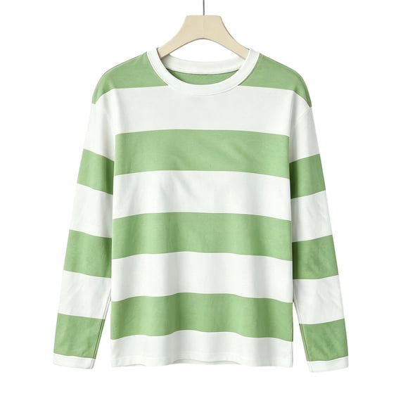 Tqcoqu Striped Crew Neck Long Sleeve Top for Women, Loose Fit Casual Daily Wear Pullover T-Shirt