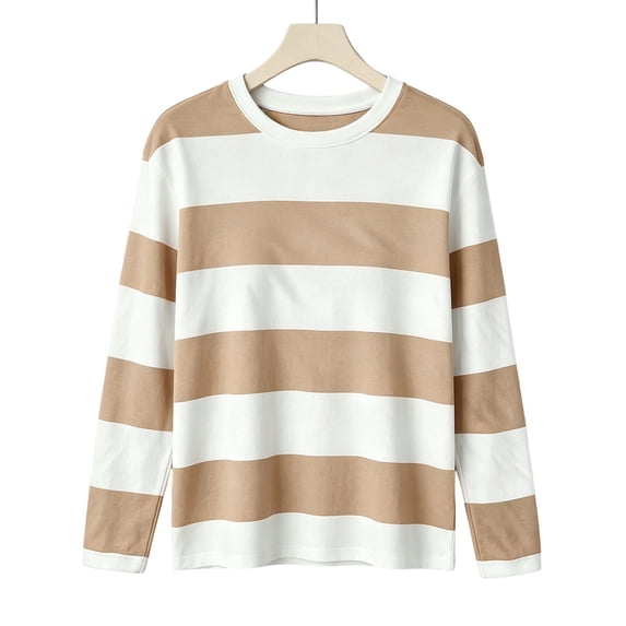 Tqcoqu Striped Crew Neck Long Sleeve Top for Women, Loose Fit Casual Daily Wear Pullover T-Shirt