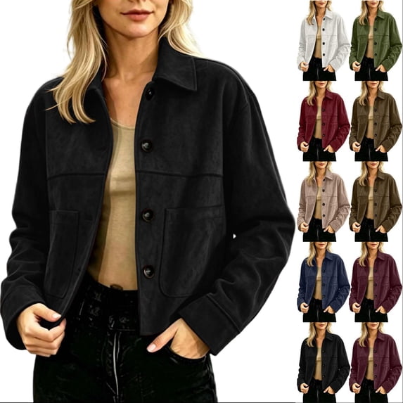 Tqcoqu Suede Jackets for Women,2026 Casual Button Down Cropped Jacket,Fall Long Sleeve Outerwear Coats Work Office Clothes