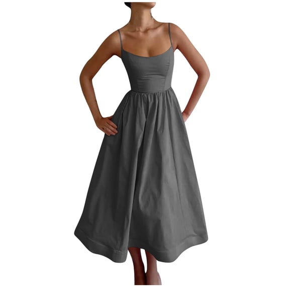 Tqcoqu Summer Bodycon Dresses for Women,Spaghetti Strap Low-Cut Sleeveless Maxi Dresses A Line Flowy Swing Dress,Gray Women's S-XXL