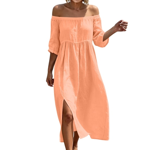 Tqcoqu Summer Cotton Dresses for Women - Boho Casual Off Shoulder Floral Long Maxi Dress,Orange Women's S-XXXL