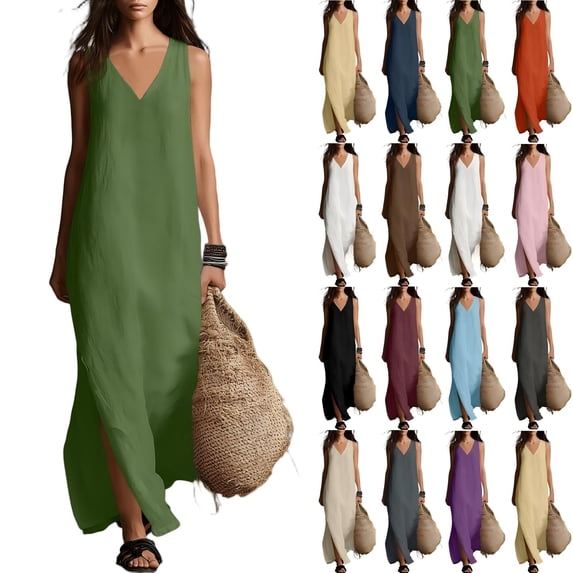 Tqcoqu Summer Dresses for Women,2026 Cotton Linen V Neck Sleeveless Maxi Dress,Casual Beach Side Slit Loose Flowy Sundresses