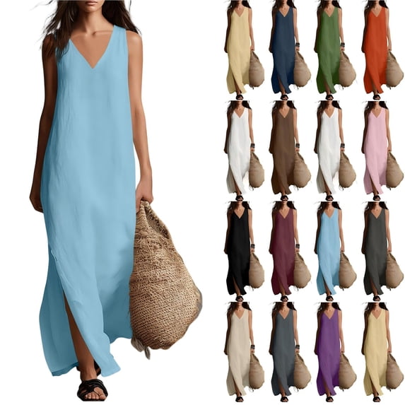 Tqcoqu Summer Dresses for Women,2026 Cotton Linen V Neck Sleeveless Maxi Dress,Casual Beach Side Slit Loose Flowy Sundresses