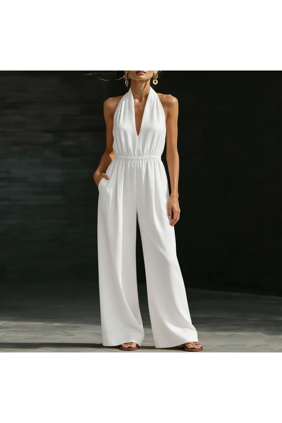 Summer Jumpsuit for Women Deep V Neck Halter Wide Leg Jumpsuit Sleeveless Backless Jumpsuit Elegant One Piece Outfits,White,Women's S-XXXL