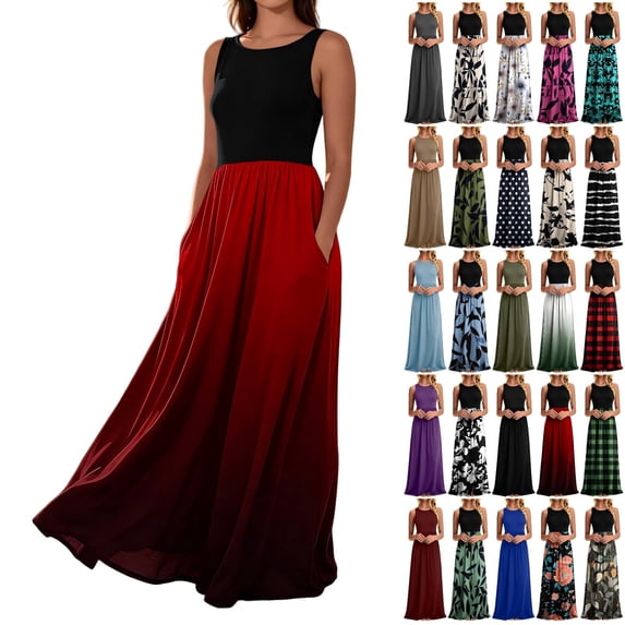 Tqcoqu Summer Maxi Print Patchwork Dresses for Women,Sleeveless Casual Flowy Tiered Dress Vacation Beach Sundresses with Pockets