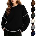 thumbnail image 1 of Tqcoqu Sweaters for Women Crewneck Long Sleeve Contrast Cable Knit Tops, Solid Loose Fit Casual Pullover Sweaters, Oversized Stitching Fall Clothes Outfits, 1 of 6