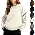 thumbnail image 1 of Tqcoqu Sweaters for Women Crewneck Long Sleeve Contrast Cable Knit Tops, Solid Loose Fit Casual Pullover Sweaters, Oversized Stitching Fall Clothes Outfits, 1 of 6
