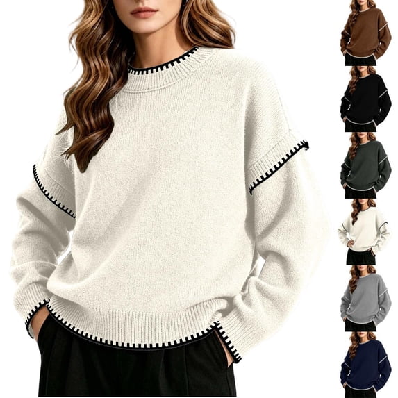 Tqcoqu Sweaters for Women Crewneck Long Sleeve Contrast Cable Knit Tops, Solid Loose Fit Casual Pullover Sweaters, Oversized Stitching Fall Clothes Outfits