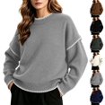 thumbnail image 1 of Tqcoqu Sweaters for Women Crewneck Long Sleeve Contrast Cable Knit Tops, Solid Loose Fit Casual Pullover Sweaters, Oversized Stitching Fall Clothes Outfits, 1 of 6