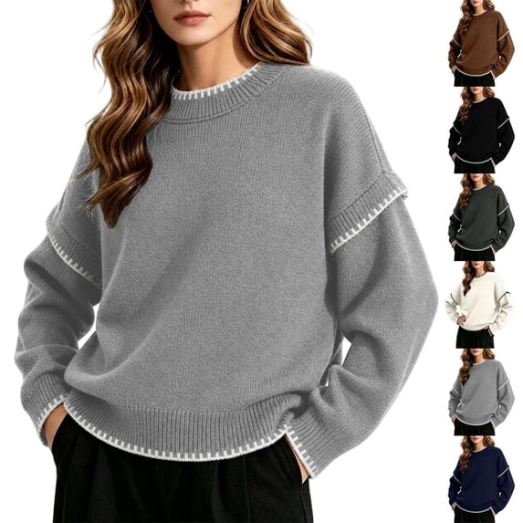 Tqcoqu Sweaters for Women Crewneck Long Sleeve Contrast Cable Knit Tops, Solid Loose Fit Casual Pullover Sweaters, Oversized Stitching Fall Clothes Outfits
