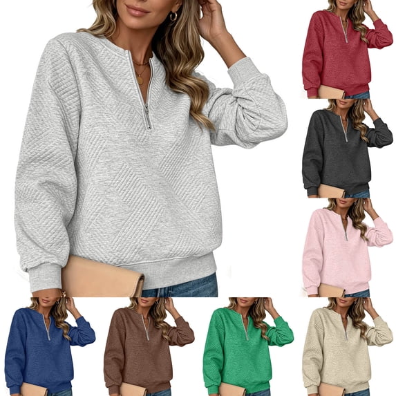 Tqcoqu Sweatshirt For Women Texture Zip V Neck Solid Color Winter Fall Sweatshirts Casual Comfy Outfits Pullover