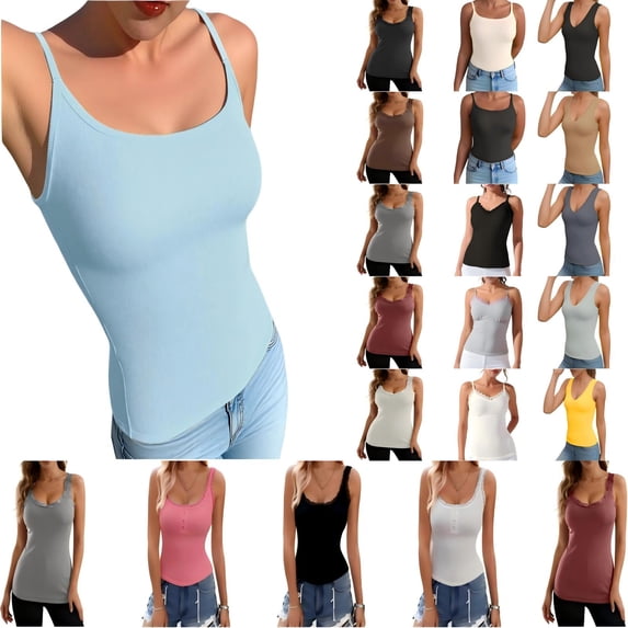 Tqcoqu Tank Tops with Built in Bras for Women Spaghetti Strap Camisole Casual Padded Sleeveless Ribbed Shirts,A-Black,Women's S-XXL