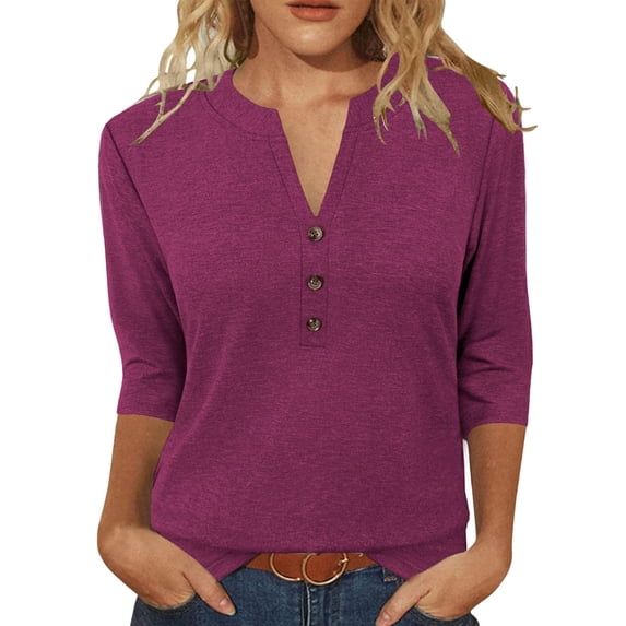 Tqcoqu Tops 3/4 Sleeve V Neck Shirts for Women Dressy Casual Loose Blouses Summer Tees,Wine,Women's S-XXL