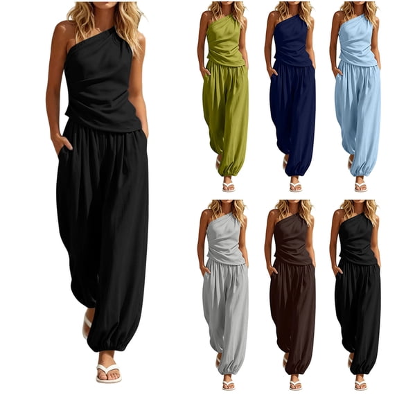 Tqcoqu Two Piece Sets For Women Casual Sleeveless One Shoulder Ribbed Wide Leg Rompers With Pockets Summer Outfits,Black,Women's S-XXXL