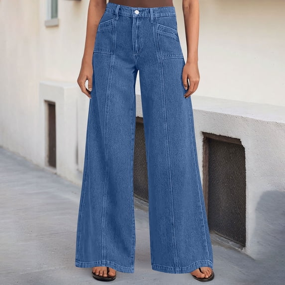 Tqcoqu Wide Leg Jeans for Women High Waisted Stretchy Denim Pants Trendy Seamed Front Loose Fit Trousers,Blue,Women's S-XXL