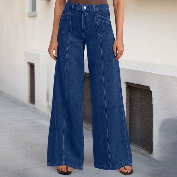 Tqcoqu Wide Leg Jeans for Women High Waisted Stretchy Denim Pants Trendy Seamed Front Loose Fit Trousers,Dark Blue,Women's S-XXL