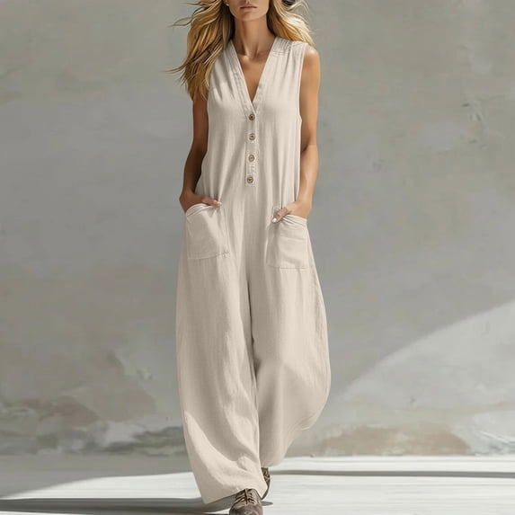 Tqcoqu Wide Leg Jumpsuits for Women Linen Summer Jumpsuit Sleeveless V Neck Button Front Overalls with Pockets,Khaki,Women's S-XXL