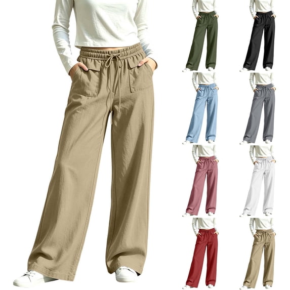 Tqcoqu Wide Leg Palazzo Pants for Women, Casual Drawstring Flowy Beach Linen Trousers with Pockets for Vacation Daily