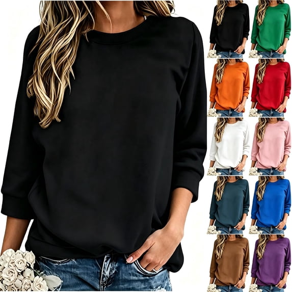 Tqcoqu Women Solid Crew Neck 3/4 Sleeve Sweatshirt, Loose Relaxed Fit Fall Winter Casual Pullover Top,Black Women's S-XXL